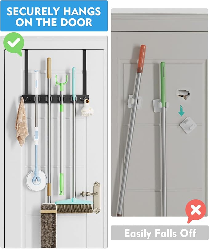 Over the Door Broom Holder, Mop and Broom Holder Door Mount, Hanging Organizer - Image 2