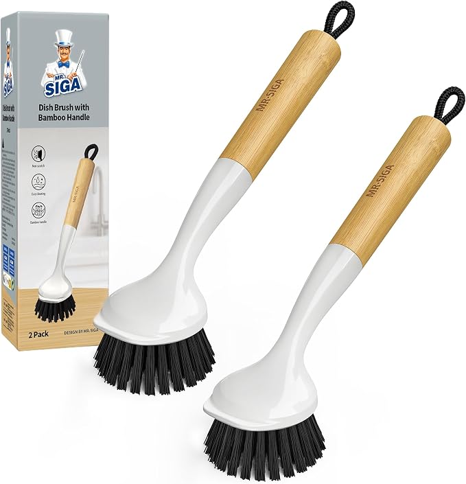 MR.SIGA Dish Brush with Handle, Dish Scrub Brush with Built-in Scraper by MRSIGA