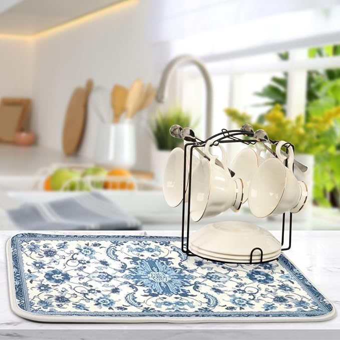 Dish Drying Mat Kitchen Counter Absorbent Blue and White Pattern Coffee Sink - Image 5