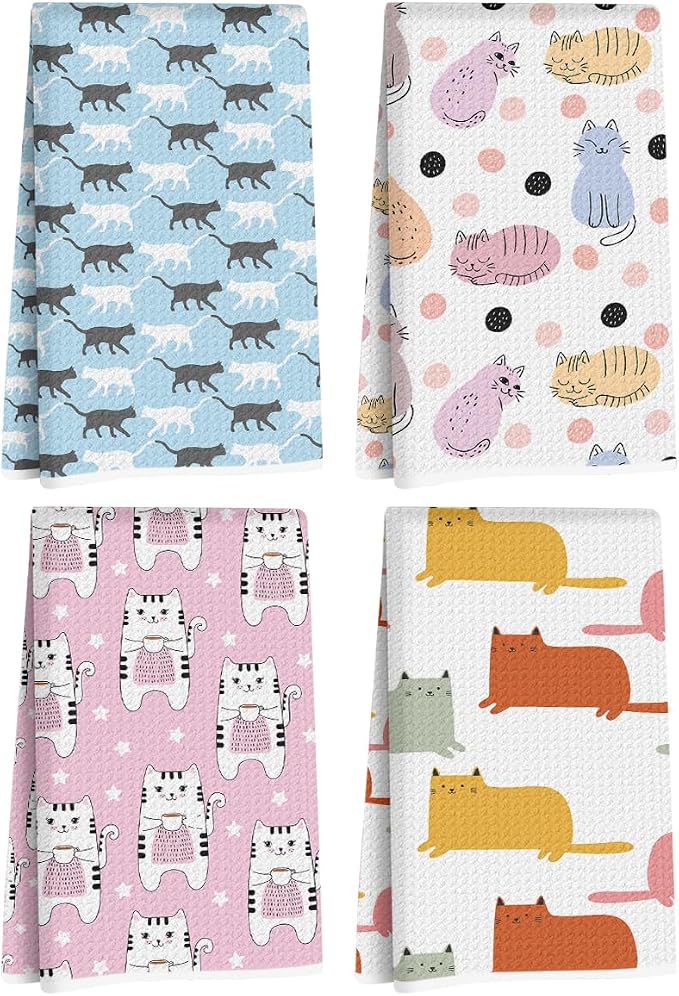 Hanamiya Na 4Pcs Cute Cat Kitchen Towels, Whimsical Decorative Absorbent by Hanamiya+Na