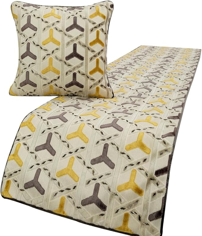 The HomeCentric King/Queen/Twin Grey & Yellow Designer Queen 74"x18" Bed Runner Without Pillow Cover, Beaded Bed Scarf on Velvet Fabric - Tripod