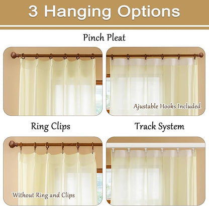 MAIHER Pinch Pleat Sheer Curtains 102 Inches Long for Patio Sliding Door Soft Touch Lightweight Light Filtering Sheer Pleated Drapes with Ajustable Hooks (No Rings), Beige, 42" W x 102" L, 2 Panels