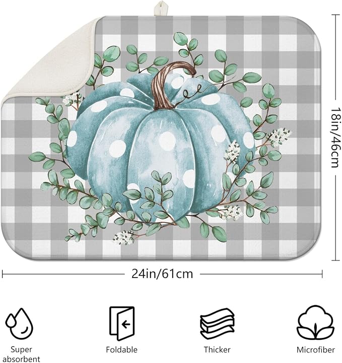 Fall Dish Drying Mat for Kitchen Counter, Buffalo Plaid Blue Pumpkin Pattern - Image 2