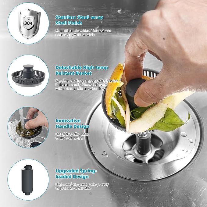 Hibbent 2 Pack 3 in 1 Kitchen Sink Drain Strainer, Stainless Steel Wrapped - Image 4