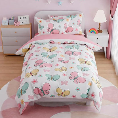 SANDJEST Butterfly Twin Bedding Sets for Girls, Ultra Soft Microfiber Comforter Set with 3-Pieces, Bed Sets for Kid Tween Teen Bedroom Decor