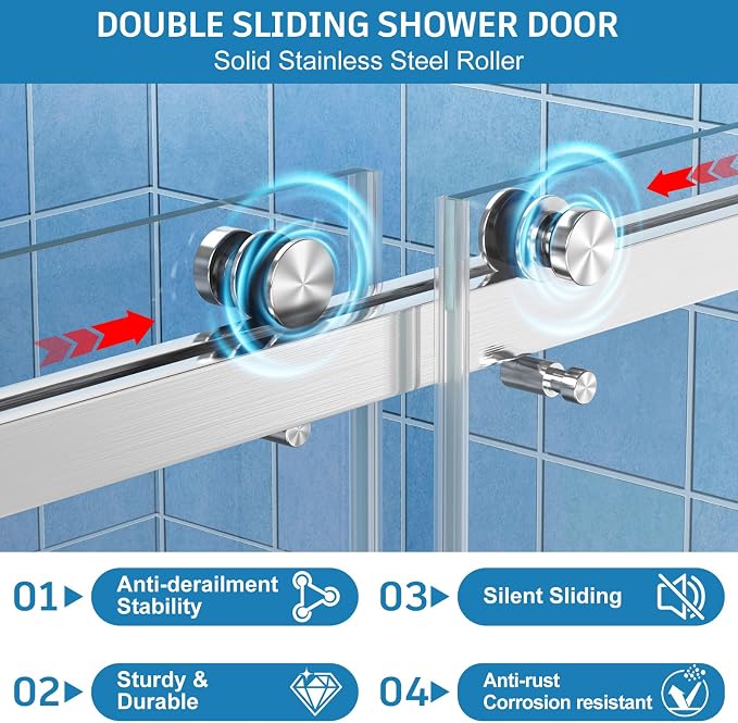 Frameless Shower Door, 56-60" W x 72" H Double Sliding Shower Doors, 1/4" Thick - Image 6