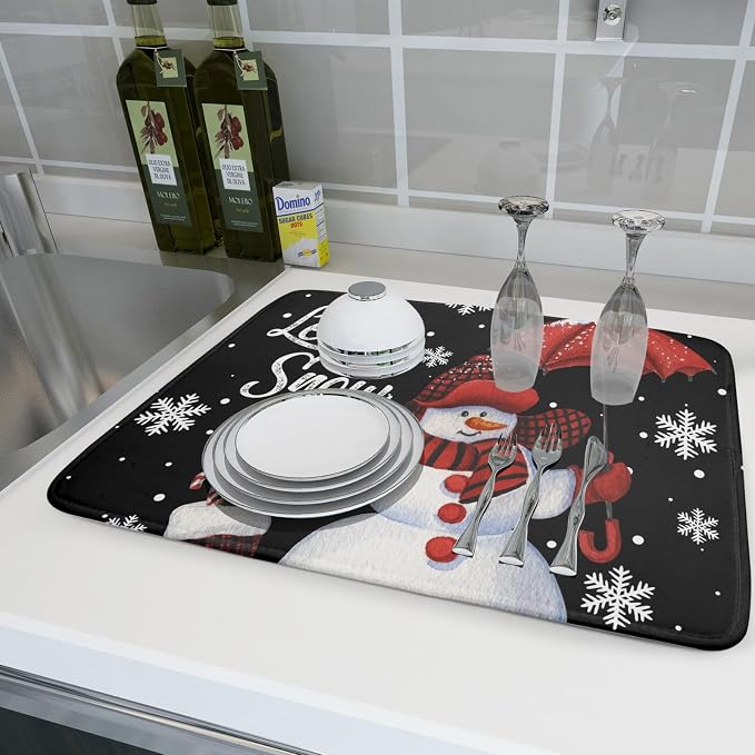 Black Snowman Dish Drying Mats for Kitchen Counter, Winter Snowflake Dish Mat - Image 6