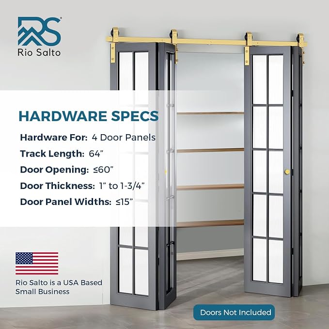 Rio Salto Gold Bifold Sliding Barn Door Hardware Kit Heavy Duty Metal Track - Image 3