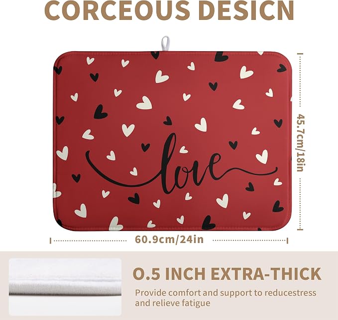 Valentine Dish Drying Mat for Kitchen Counter Valentines Day Red Black Love - Image 2