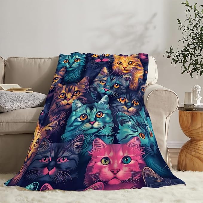 Funny Colorful Cat Print Blanket Kawaii Kitty Animal Throw Blankets Gifts for Couch Sofa Bed Stuff Decor Soft Cozy Fleece Plush Warm Flannel Bedding for Lover Men Women 40"x50"