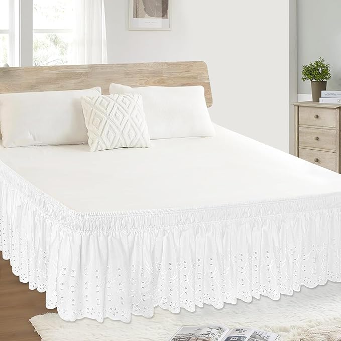 King Bed Skirt, Wrap-Around Elastic Ruffled Eyelet Bed Skirt King Size Dust Ruffle with Gathered Styling and Embroidered Details, 18" Drop Length (White)