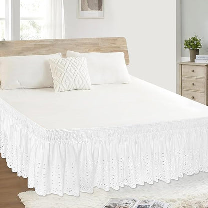 King Bed Skirt, Wrap-Around Elastic Ruffled Eyelet Bed Skirt King Size Dust Ruffle with Gathered Styling and Embroidered Details, 18" Drop Length (White)