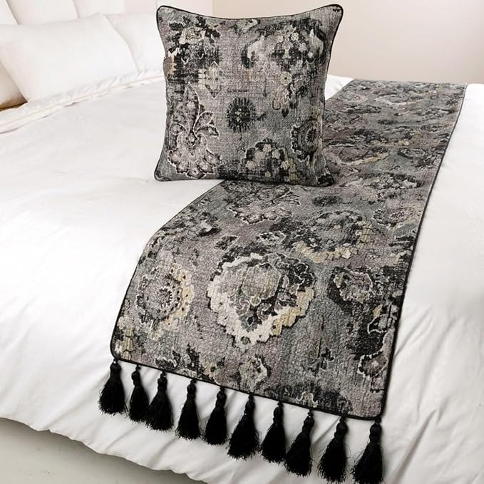 The HomeCentric Handmade Black & Grey Twin 53 x 18 inch Bed Runner with Matching Pillow Cover, Velvet Damask with Tassels Bed Scarf, Abstract Modern - Paved Damask