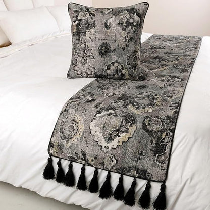 The HomeCentric Handmade Black & Grey Twin 53 x 18 inch Bed Runner with Matching Pillow Cover, Velvet Damask with Tassels Bed Scarf, Abstract Modern - Paved Damask