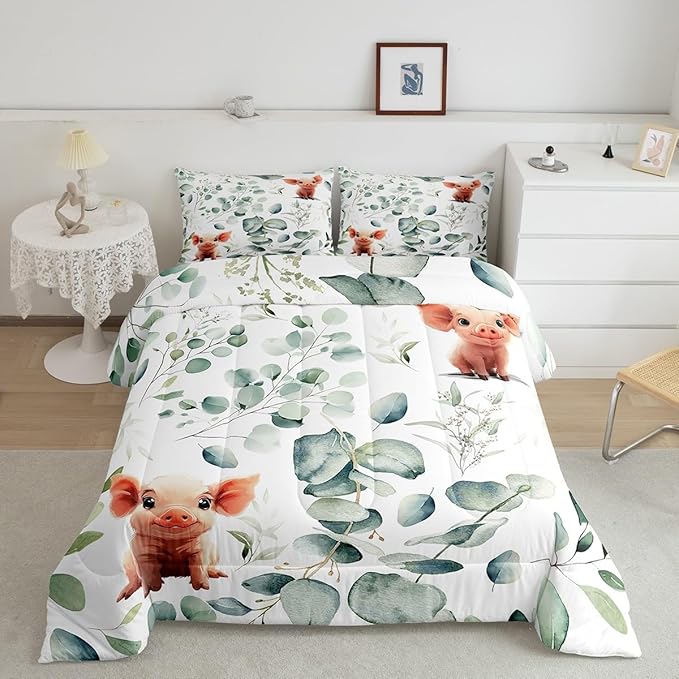 Erosebridal Kawaii Pig Bedding Full Size for Boys Girls Cartoon Animal Comforter Set Full, Eucalyptus Leaves Duvet Insert Farm Wildlife Quilt Comforter, Tropical Plants Bedding Comforters & Sets