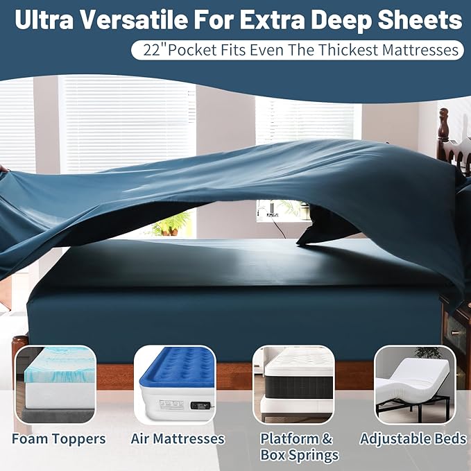 Extra Deep Pocket King Sheets 18-24 Inch 100% Egyptian Cotton 1000 Thread Count Sateen Weave Soft Breathable 4 Pieces（King，Navy）