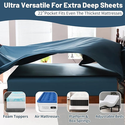Extra Deep Pocket King Sheets 18-24 Inch 100% Egyptian Cotton 1000 Thread Count Sateen Weave Soft Breathable 4 Pieces（King，Navy）