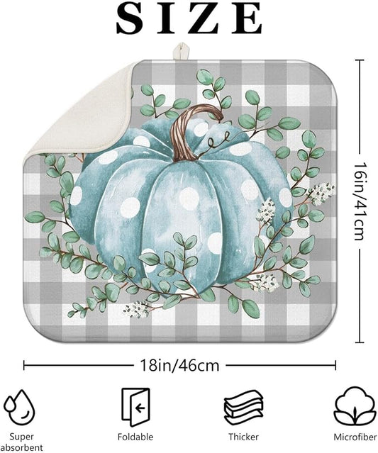 Fall Dish Drying Mat for Kitchen Counter, Buffalo Plaid Blue Pumpkin Pattern - Image 2
