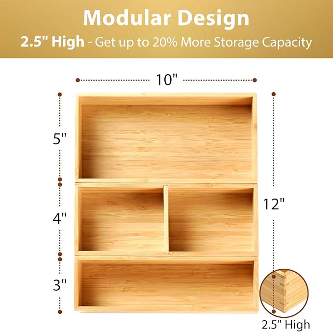 Umilife Drawer Organizer Storage Boxes, 2.5" High Bamboo Drawer Dividers - Image 2