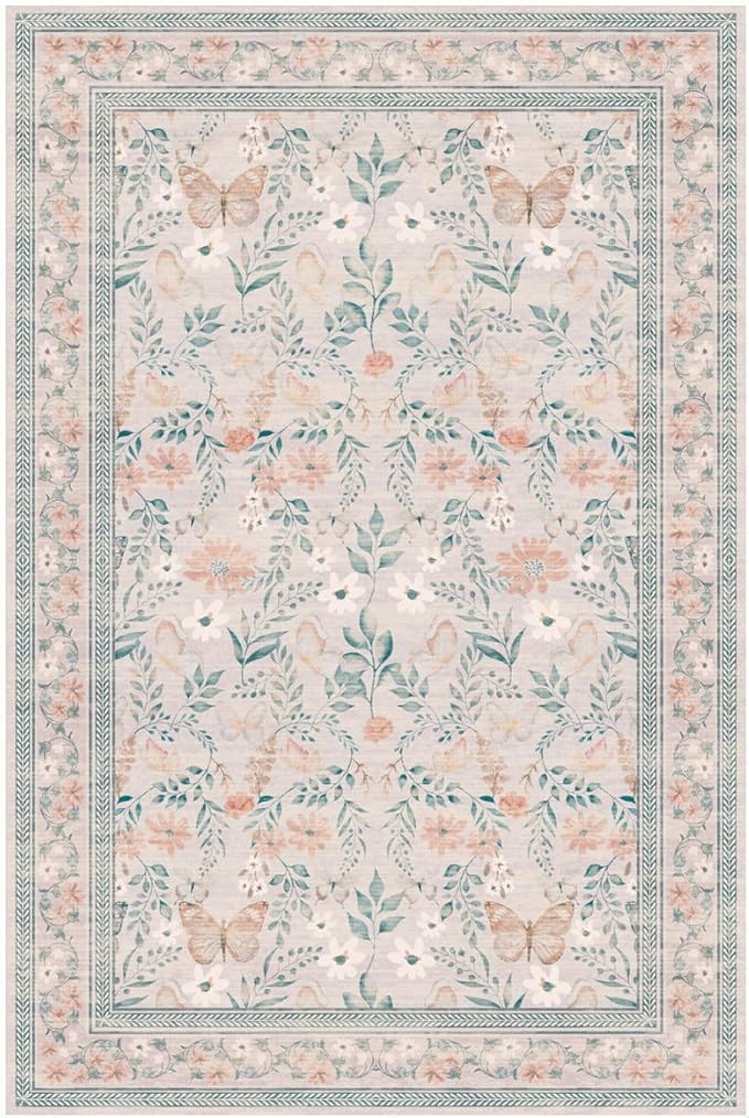 Pink Floral 5x7 Washable Area Rug, Vintage Boho Non Slip, Low Pile Rugs - Image 9