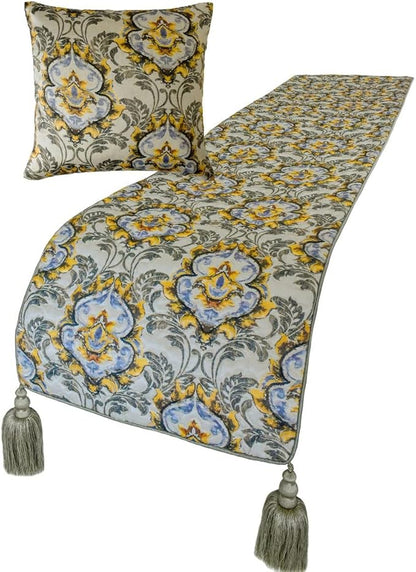 The HomeCentric King/Queen/Twin Grey Decorative King 90"x18" Bed Runner Without Pillow Cover, Quilted, Damask & Tassels Bed Scarf on Jacquard Fabric - Damask Blaze