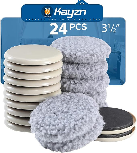 Furniture Sliders, 12 Pack 3 1/2" Moving Pads and 12 Hardwood Socks, Slide by Kayzn