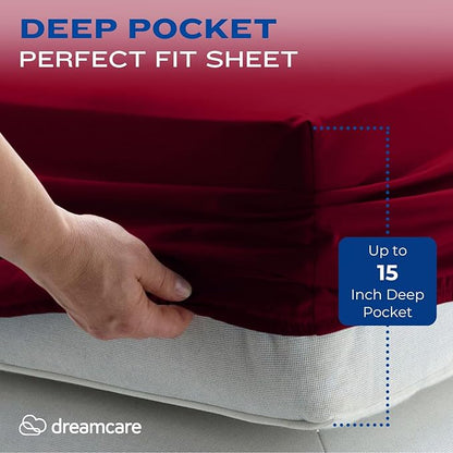 DREAMCARE California King Sheet Sets - Cooling Bed Sheets - 4pcs Set - up to 15" Deep Pocket Cal King Sheets - California King Sheets - Soft & Lasting 100% Brushed Polyester with Side Pocket -Burgundy
