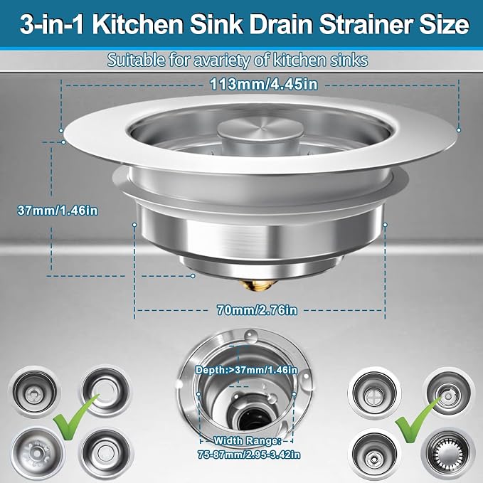 3-in-1 Kitchen Sink Drain Strainer & Stopper, Stainless Steel Food Catcher Plug - Image 4