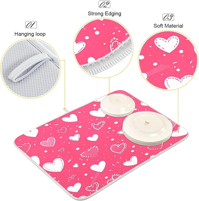 Hot Pink Love Dish Drying Mat for Kitchen Countertop 16x18 Happy Valentine’s - Image 4