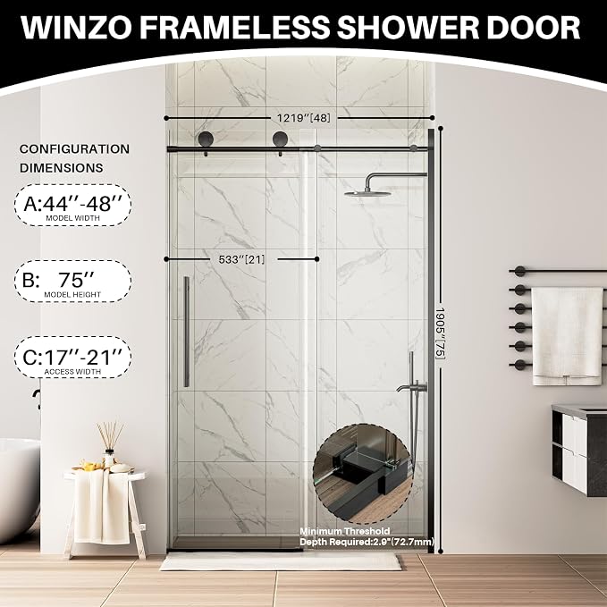WinZo Frameless Shower Door 44-48 in W x 75 in H, Sliding Shower Door - Image 8