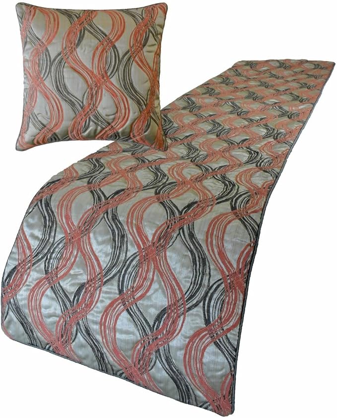 The HomeCentric King/Queen/Twin Orange Luxury King 90"x18" Bed Runner with Two Pillow Cover, Swirls & Quilted Bed Scarf on Jacquard Fabric - Orange Twirls