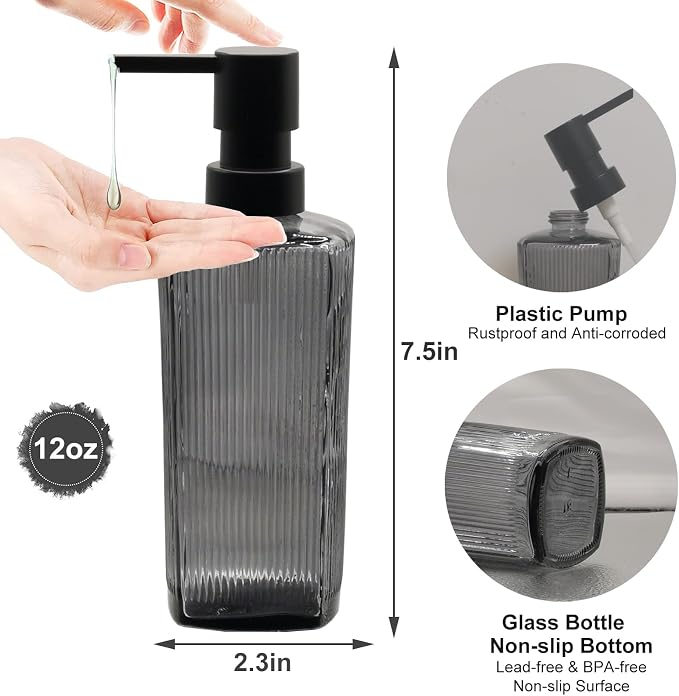 Grey Glass Soap Dispenser with Black Plastic Pump, 12oz Lotion Dish Dispenser - Image 2