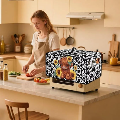 Microwave Oven Cover with Storage Pockets Waterproof Toaster Oven Dust Cover Universal Kitchen Appliance Protector, Cartoon Highland Cattle Sunflower Cow Print, L