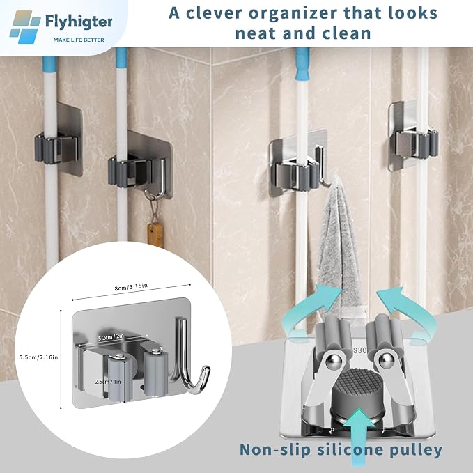 6 Pack Stainless Steel Mop and Broom Holders – Wall Mounted Grippers - Image 2