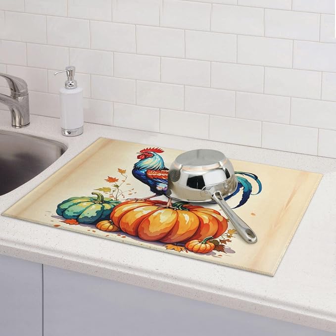 Rooster Pumpkin Dish Drying Mat Highly Absorbent Double-Sided Microfiber - Image 3