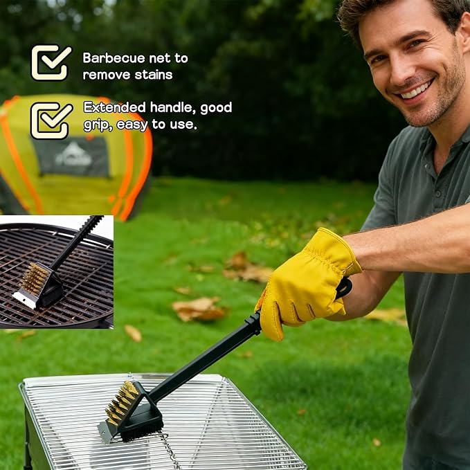 3-in-1 Grill Brush with Scraper & Scrub Pad, 14.5" Long Handle Brass Brush - Image 4