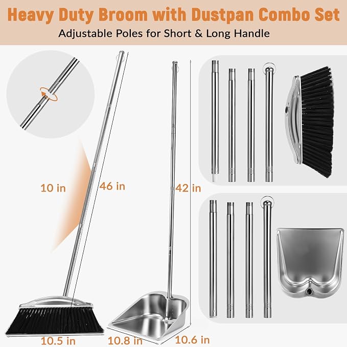 VOOWO Broom with Dustpan Combo Set, Heavy Duty Dust Pan with Long Handle - Image 2