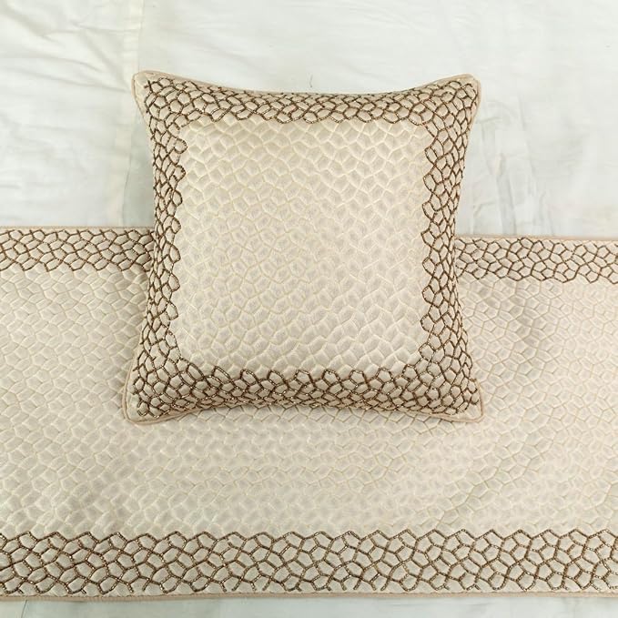 The HomeCentric King/Queen/Twin Ivory & Gold Decorative Twin 53"x18" Bed Runner with Pillow Cover, Mosaic & Beaded Bed Scarf on Jacquard Fabric - Tessellation