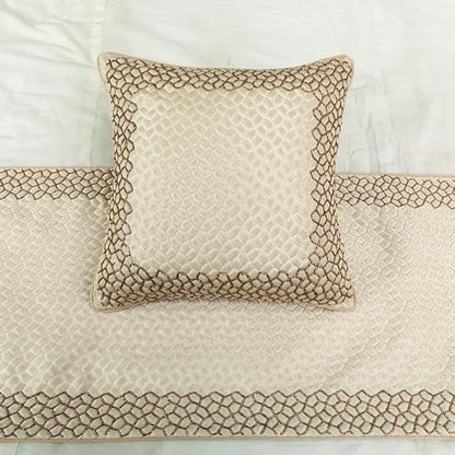 The HomeCentric King/Queen/Twin Ivory & Gold Decorative Twin 53"x18" Bed Runner with Pillow Cover, Mosaic & Beaded Bed Scarf on Jacquard Fabric - Tessellation