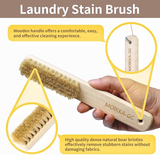 Wood Laundry Stain Brush with Boar Bristle, Tough Stain Remover - Image 3