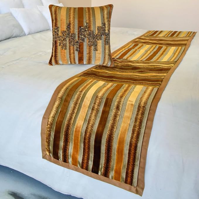 The HomeCentric King/Queen/Twin Gold & Brown Decorative Queen 74"x18" Bed Runner with One Pillow Cover, Striped, Beadwork & Handmade Bed Scarf on Velvet Fabric - Streamlined