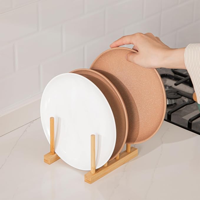 HBlife Bamboo Dish Plate Bowl Cup Book Pot Lid Cutting Board Drying Rack Stand - Image 4