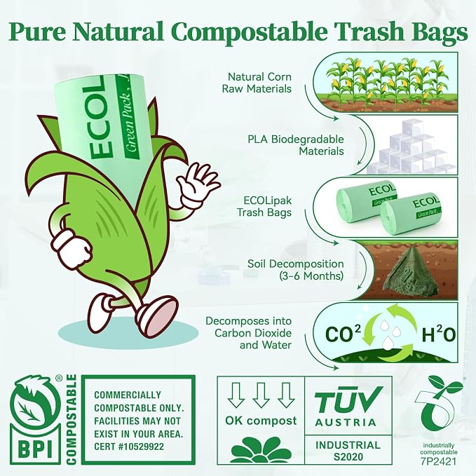ECOLipak 13 Gallon Compostable Trash Garbage Bags, US BPI ASTM D6400 and OK - Image 3