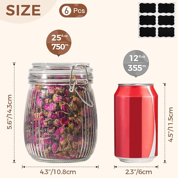 ComSaf Airtight Glass jar with lid 26oz Set of 6, Glass Storage Containers with - Image 2