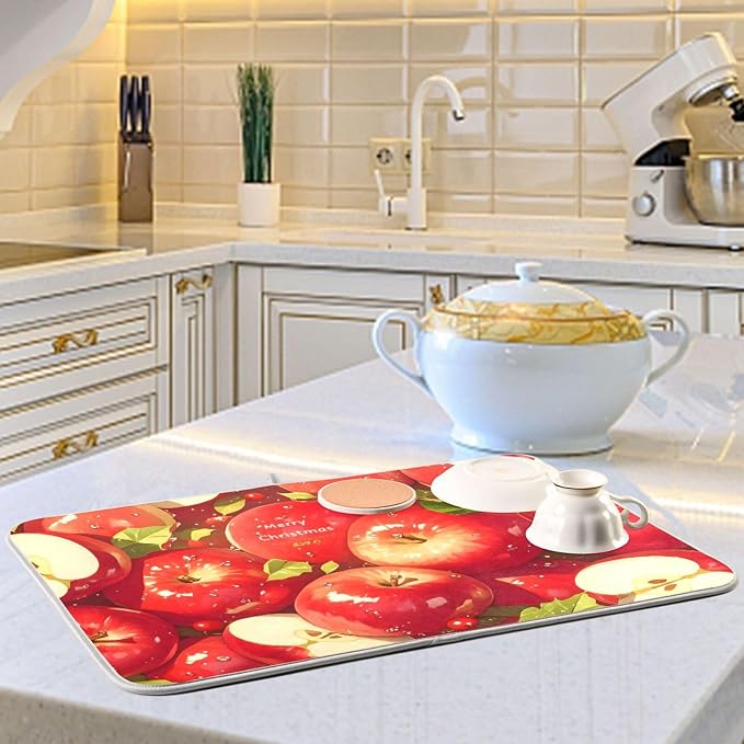 Red Apples Dish Drying Mat for Kitchen Counter Absorbent Microfiber Drying Pad - Image 6