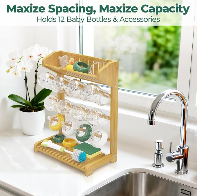 EsLuker.ly Baby Bottle Drying Rack Bamboo Vertical Dryer Holder, Space Saving - Image 2