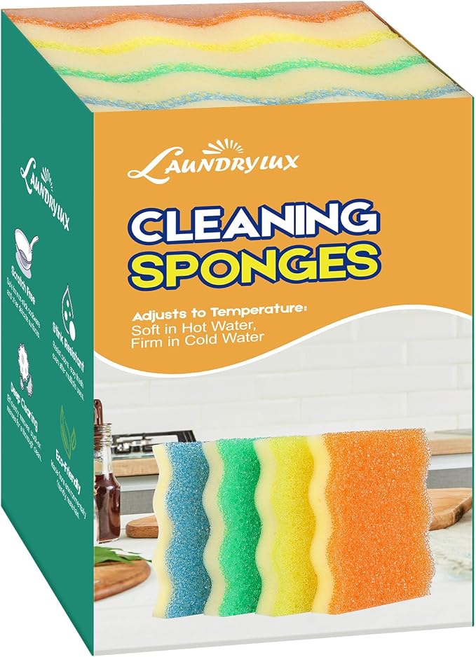 Scrub Sponge, 4 Pack Dual-Sided Temperature-Responsive Scrubber by LAUNDRYLUX