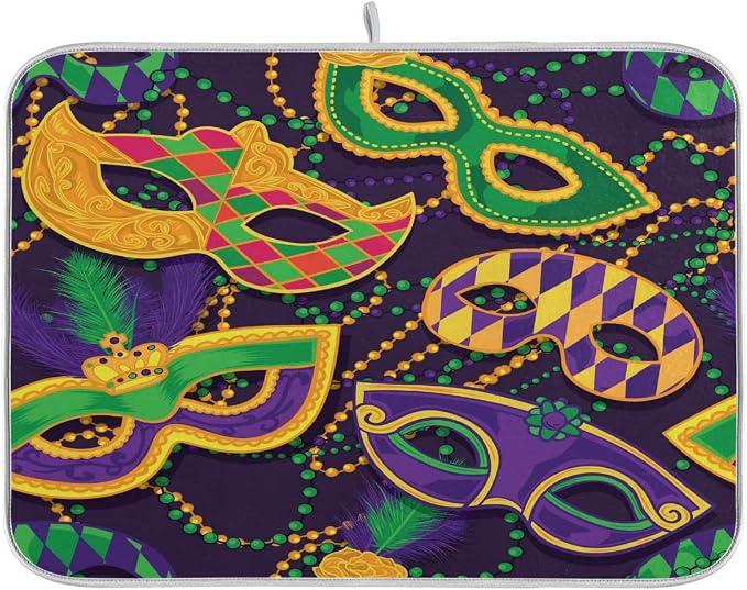 Mardi Gras Dish Drying Mat for Kitchen Mask Beads Confetti Masquerade Party by Wamika