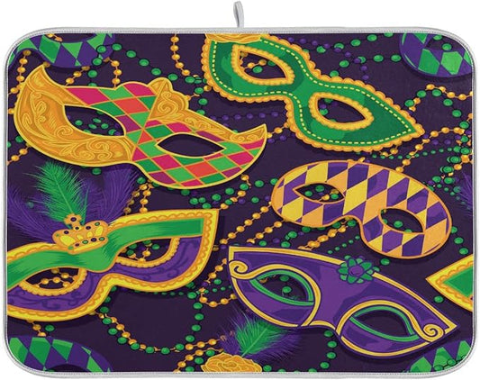 Mardi Gras Dish Drying Mat for Kitchen Mask Beads Confetti Masquerade Party by Wamika