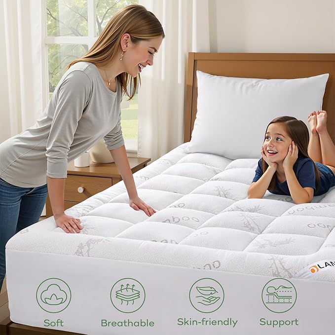 OLANLY Queen Mattress Topper – Viscose Made from Bamboo, Cooling Soft Queen Pillow Top Mattress Pad for Back Pain Relief, Plush Down Alternative Fill Bed Topper with Elastic Deep Pocket, White
